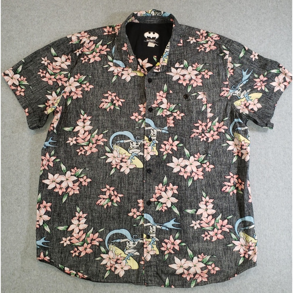 Batman Hawaiian Floral Surf‎ Reverse Print Button Shirt Black Mens 2XL DC Comics